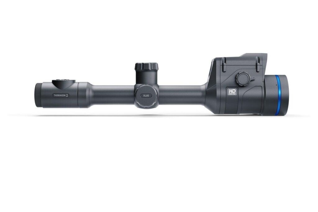 Side view of the Pulsar Thermion 2 LRF XL50 thermal riflescope with its HD badge and XL50 turret cap