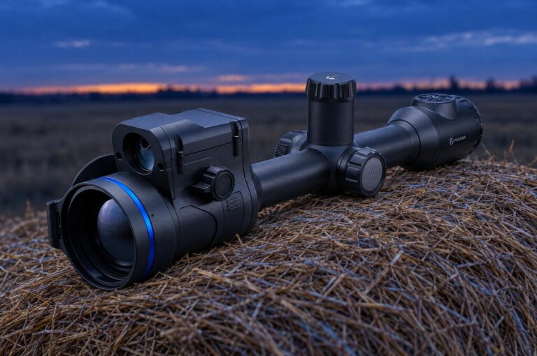 Pulsar Thermion 2 LRF XL60 thermal riflescope with laser rangefinder lying on a round hay bale at dusk