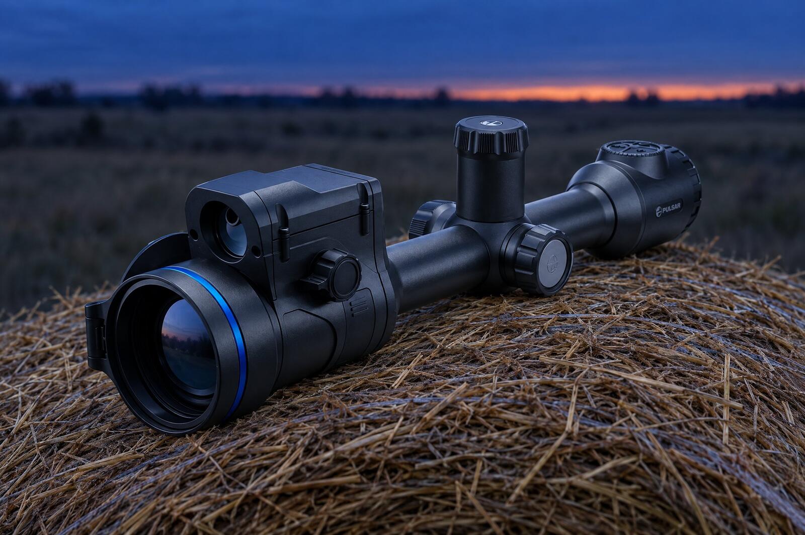 Pulsar Thermion 2 LRF XL60 thermal riflescope with laser rangefinder resting on a round hay bale at blue hour