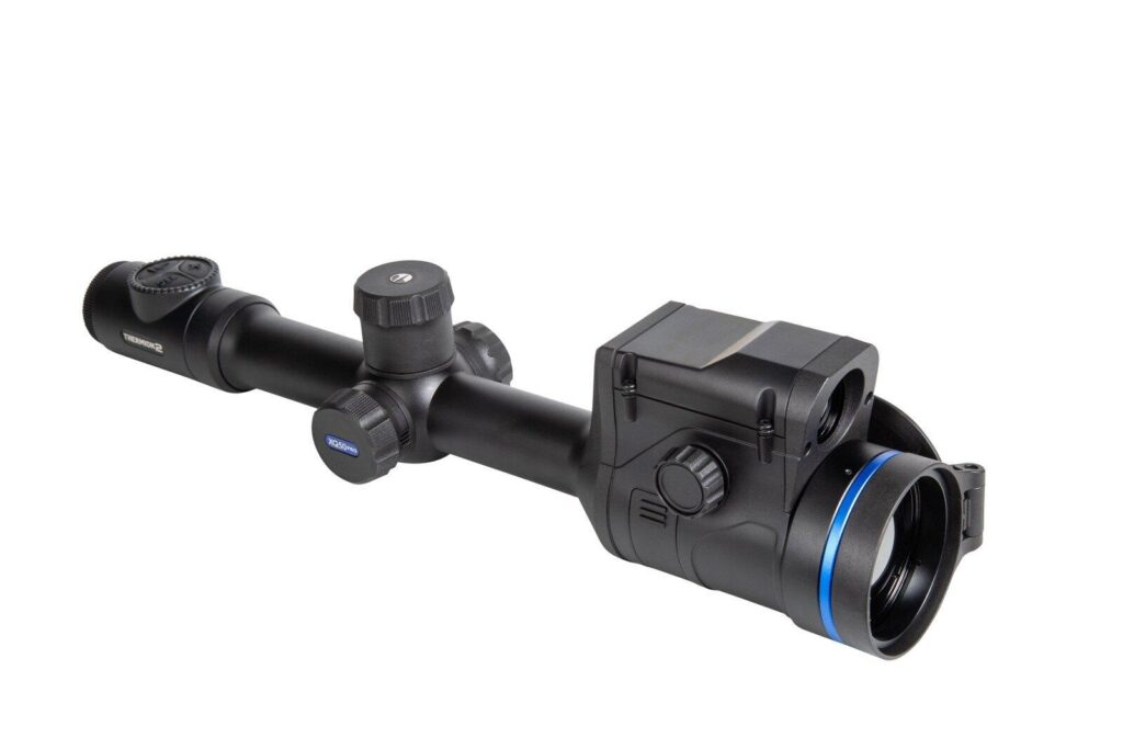 Pulsar Thermion 2 LRF XQ50 Pro thermal riflescope with the rangefinder housing ahead of the turret