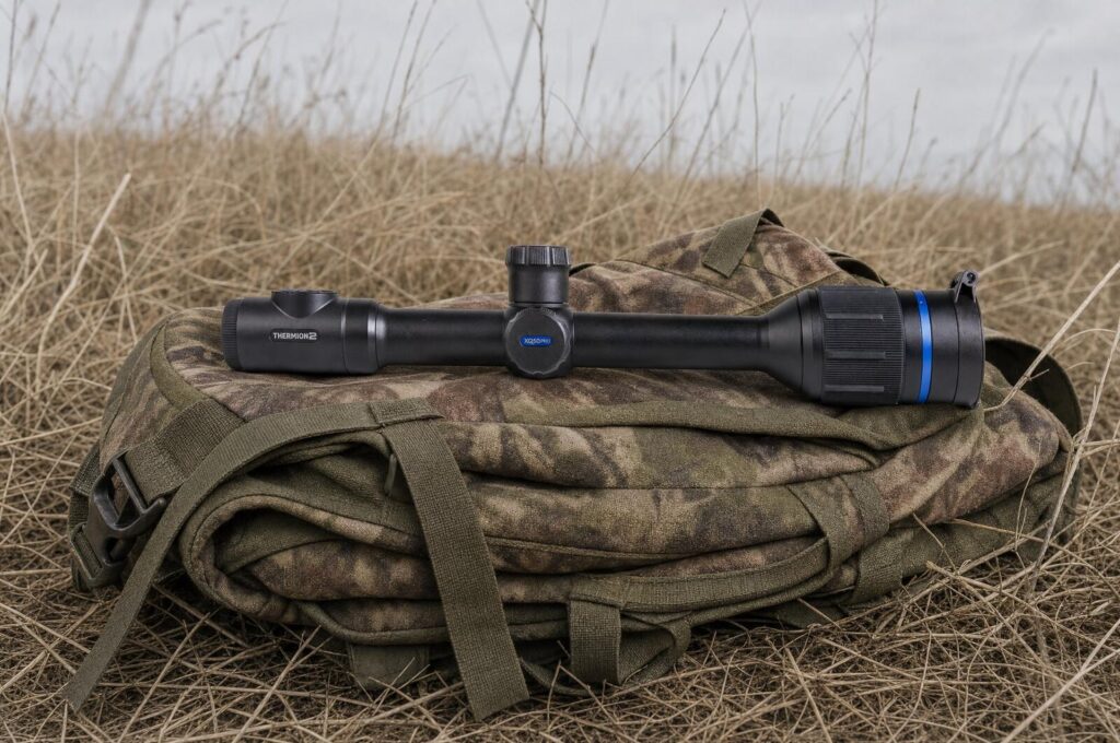 Pulsar Thermion 2 XQ50 Pro thermal scope resting on a camouflage hunting backpack in dry winter grass