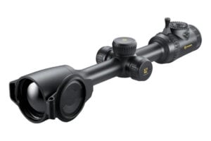 Pulsar Thermion 3 LRF XT60 thermal riflescope with its lens cap open, on a white background