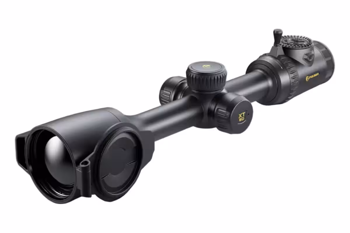 Pulsar Thermion 3 LRF XT60 thermal riflescope with its lens cap open, on a white background