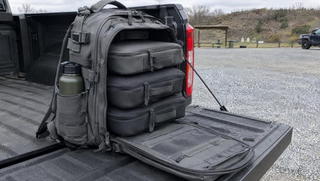 Range backpack on a truck tailgate with its front panel folded flat and three zipped pistol cases pulled out