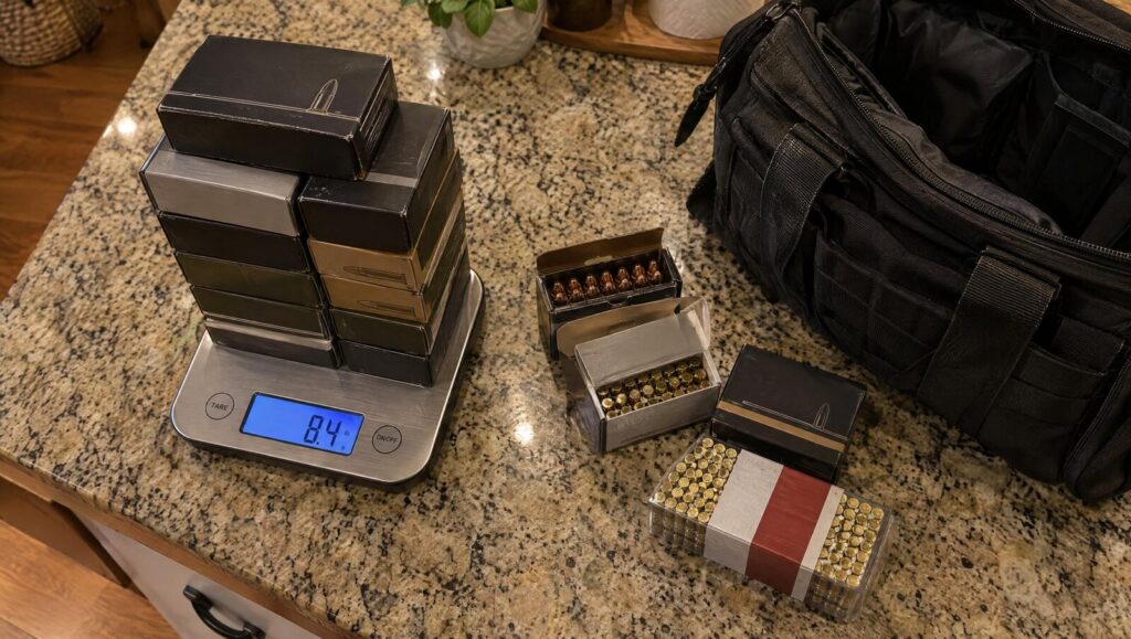 Boxes of pistol ammunition on a kitchen scale next to an open range bag