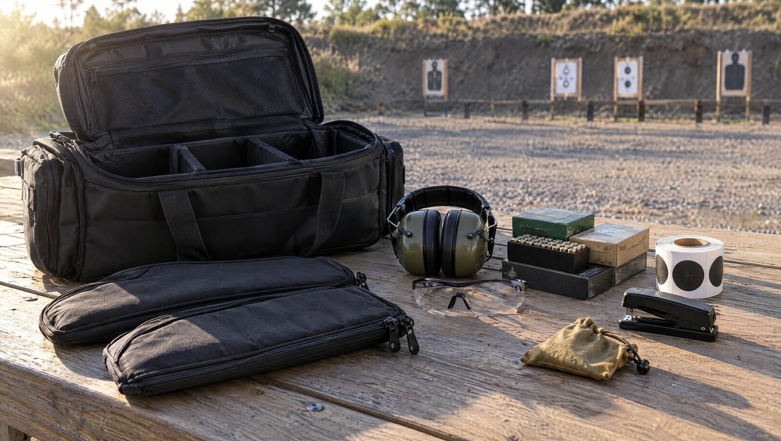 Open range bag on a shooting bench with zipped pistol rugs, ear muffs, shooting glasses, ammo boxes and a stapler
