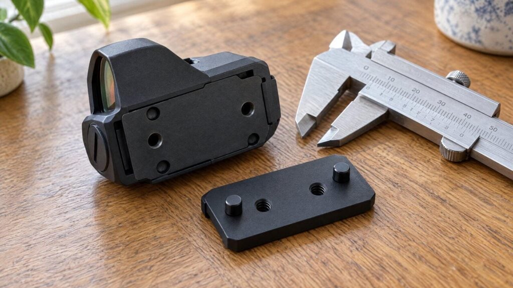A pistol red dot turned upside down to show its screw holes next to an adapter plate with matching recoil bosses and a caliper