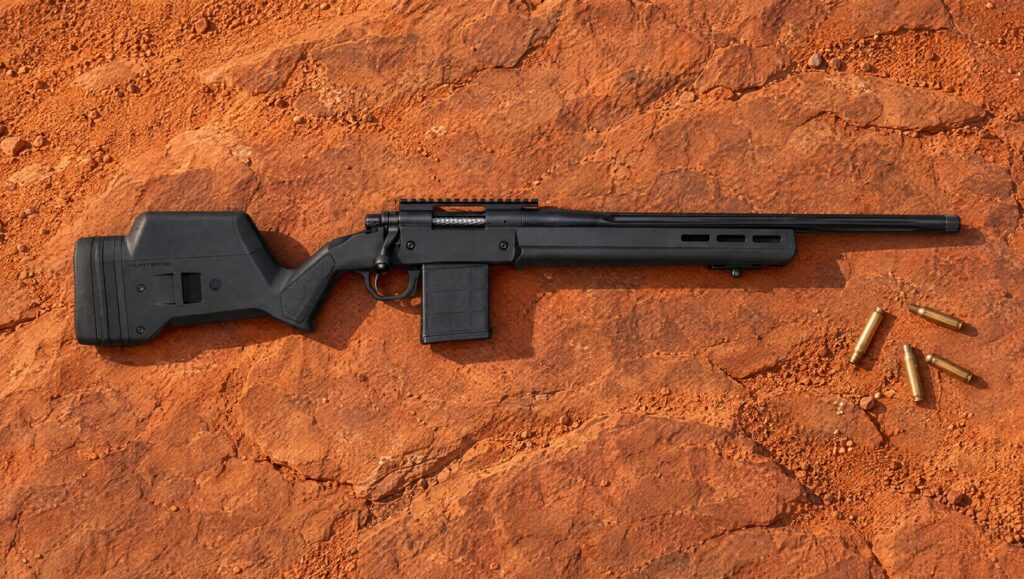 Remington 700 Magpul Enhanced with black Magpul Hunter stock, detachable magazine, Picatinny rail and fluted heavy barrel lying flat on red sandstone