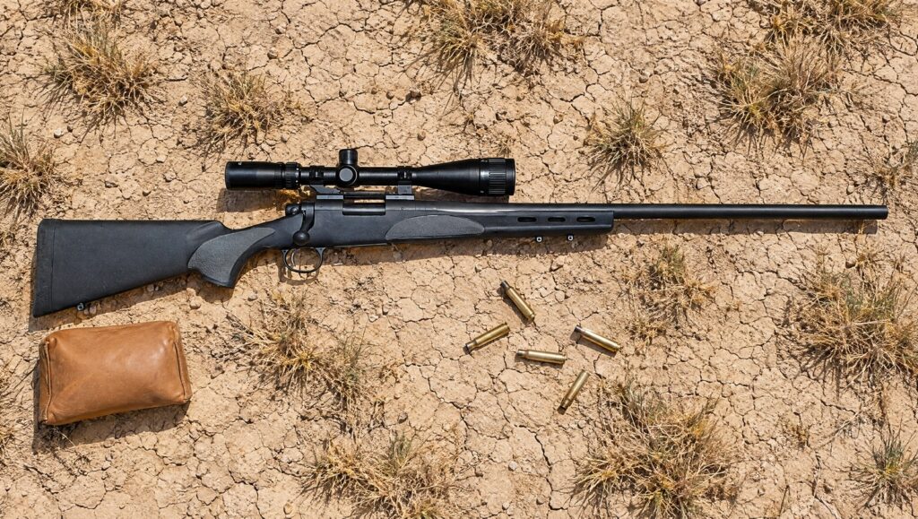 Remington 700 SPS Varmint with black synthetic stock, vented beavertail forend, heavy barrel and a mounted scope lying flat on cracked clay beside a leather sandbag