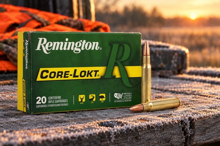 Remington Core-Lokt review: Core-Lokt 30-06 Springfield 150 grain pointed soft point box and cartridge on a frosty tailgate at dawn
