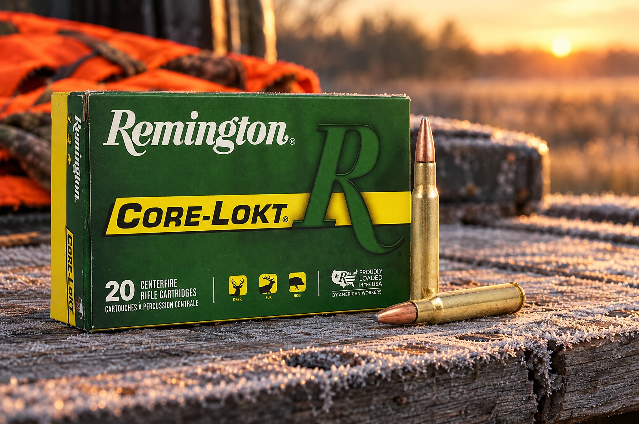 Remington Core-Lokt review: Core-Lokt 30-06 Springfield 150 grain pointed soft point box and cartridge on a frosty tailgate at dawn