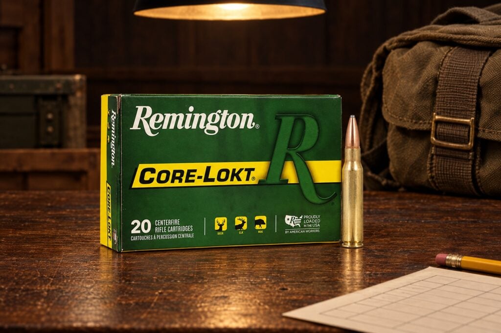 Remington Core-Lokt 308 Win 150 grain pointed soft point box and cartridge on a walnut bench beside a range bag