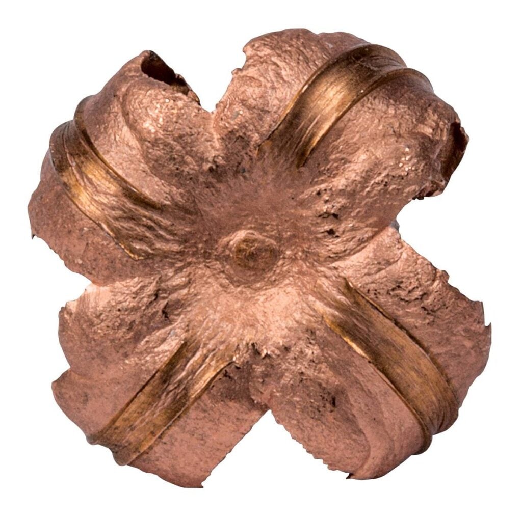 Remington Core-Lokt Copper bullet after expansion seen from the nose, four copper petals, Remington product photo
