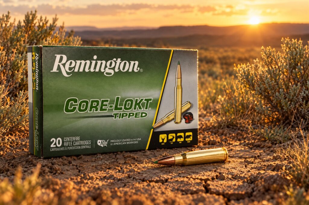 Remington Core-Lokt Tipped 308 Win 150 grain box and green tipped cartridge on dry prairie clay at sunset