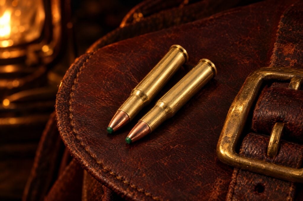 Two Remington Core-Lokt Tipped Lever Gun 30-30 Win 150 grain cartridges with flat green tips on a leather saddlebag by lantern light