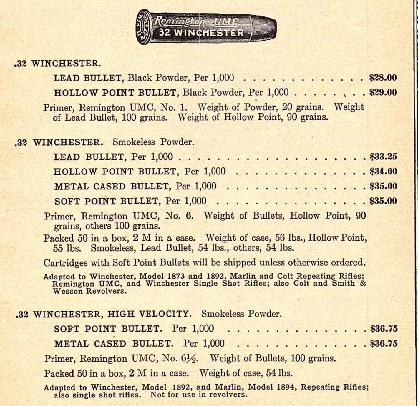 1918 Remington UMC catalog listing for .32 Winchester cartridges, with the High Velocity load marked not for use in revolvers