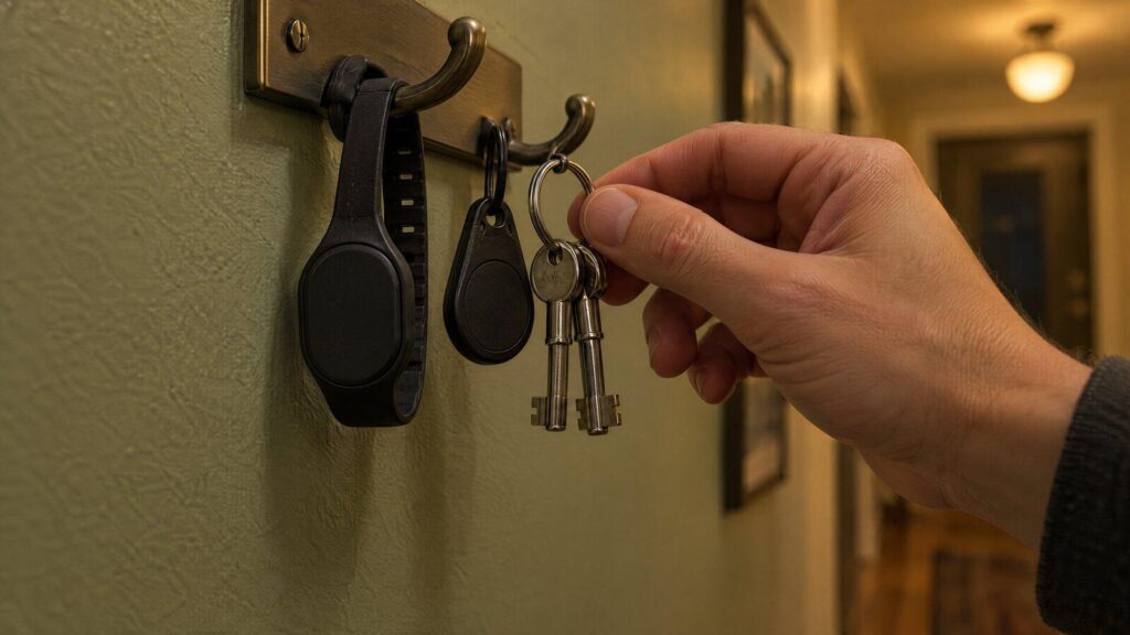 A hand lifting two small keys from a hallway hook that also holds a black RFID watchband and key fob