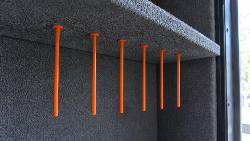 Orange rifle rods hanging from loop fabric on the underside of a gun safe shelf