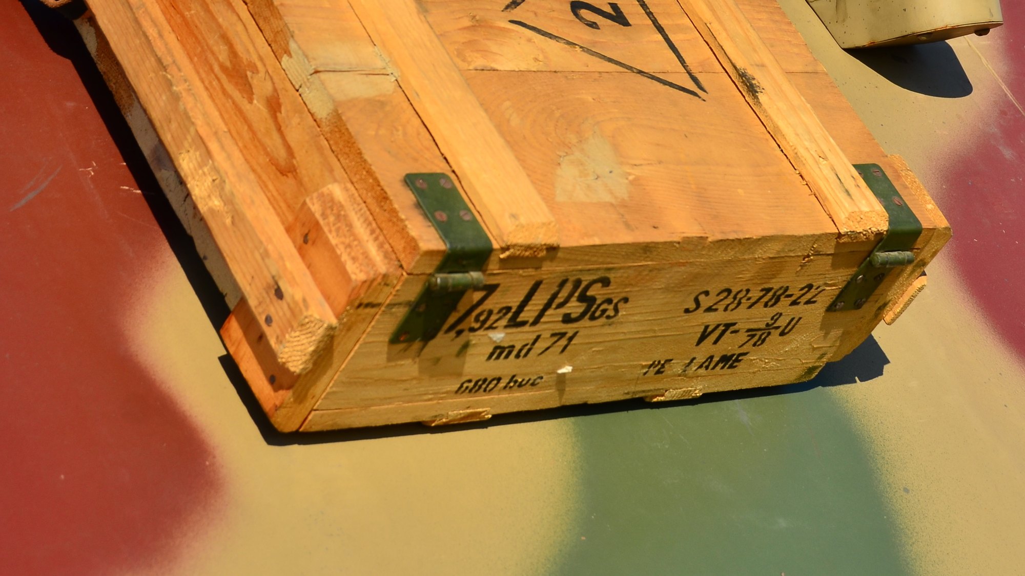 Wooden Romanian surplus ammunition crate stenciled 7,92 with a 1978 lot number