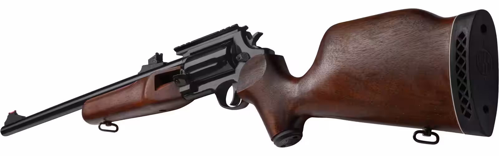 Rossi Circuit Judge SCJ4510 quarter view showing the five-shot cylinder, frame rail, forend and Monte Carlo hardwood stock, Rossi photo