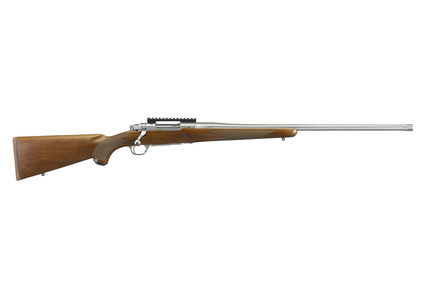 Ruger Hawkeye Hunter 7mm Rem Mag bolt action rifle with satin stainless barrel, walnut stock and Picatinny rail