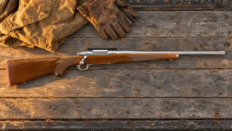 Ruger M77 Hawkeye Hunter bolt-action rifle with satin stainless barreled action, Picatinny rail and walnut stock lying on the wooden planks of a truck bed beside a canvas coat and leather gloves