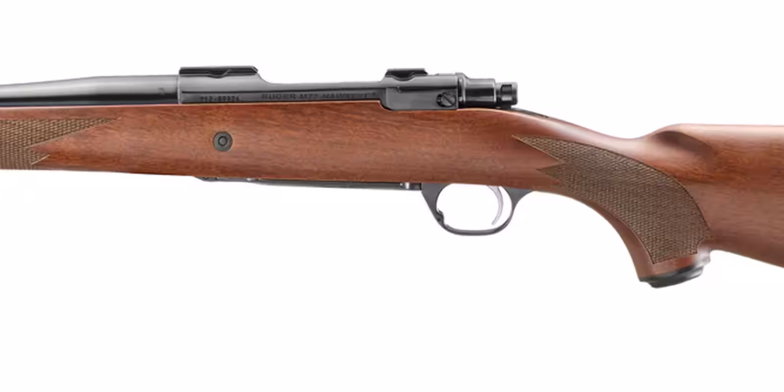 Left side of a current Ruger Hawkeye Hunter receiver with the RUGER M77 HAWKEYE rollmark, integral scope mount cuts and three-position safety, Ruger photo