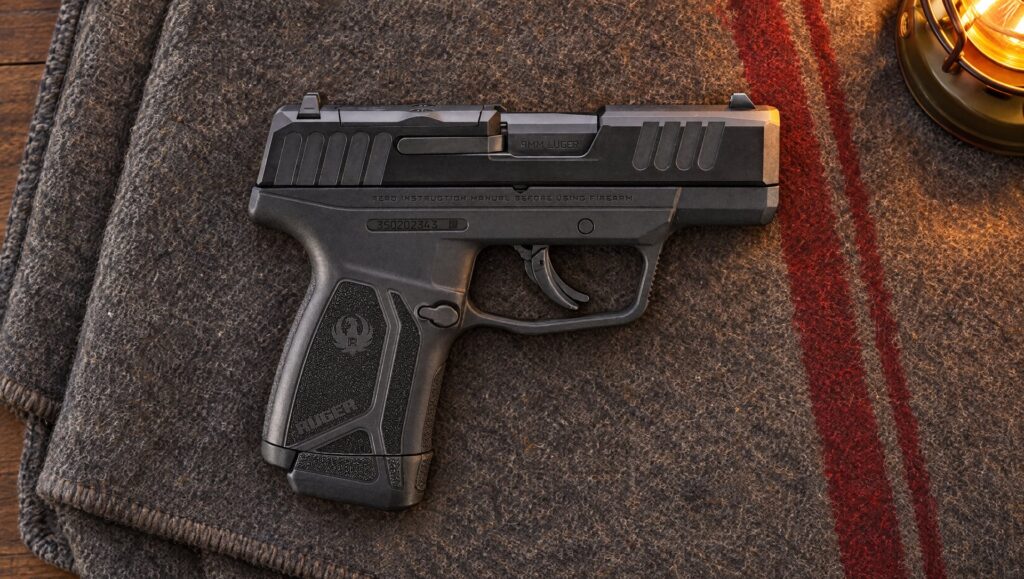 Black Ruger MAX-9 pistol lying on a gray wool camp blanket in lantern light