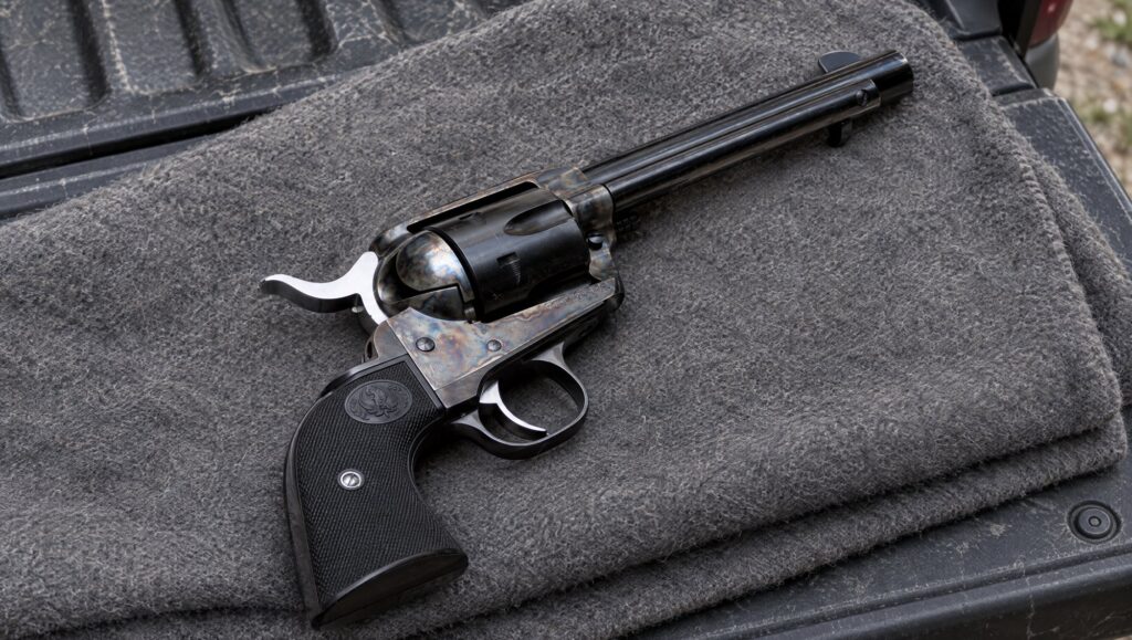Ruger New Vaquero single action revolver on a wool blanket