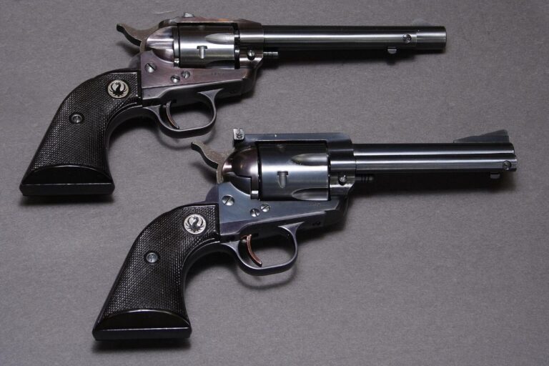 Early Ruger Single-Six serial 1715 above an early Ruger Blackhawk flat top serial 2237, both shown from the right side
