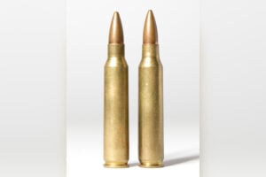 A .223 Remington and a 5.56x45mm NATO cartridge standing side by side, the pair behind the SAAMI chamber warning