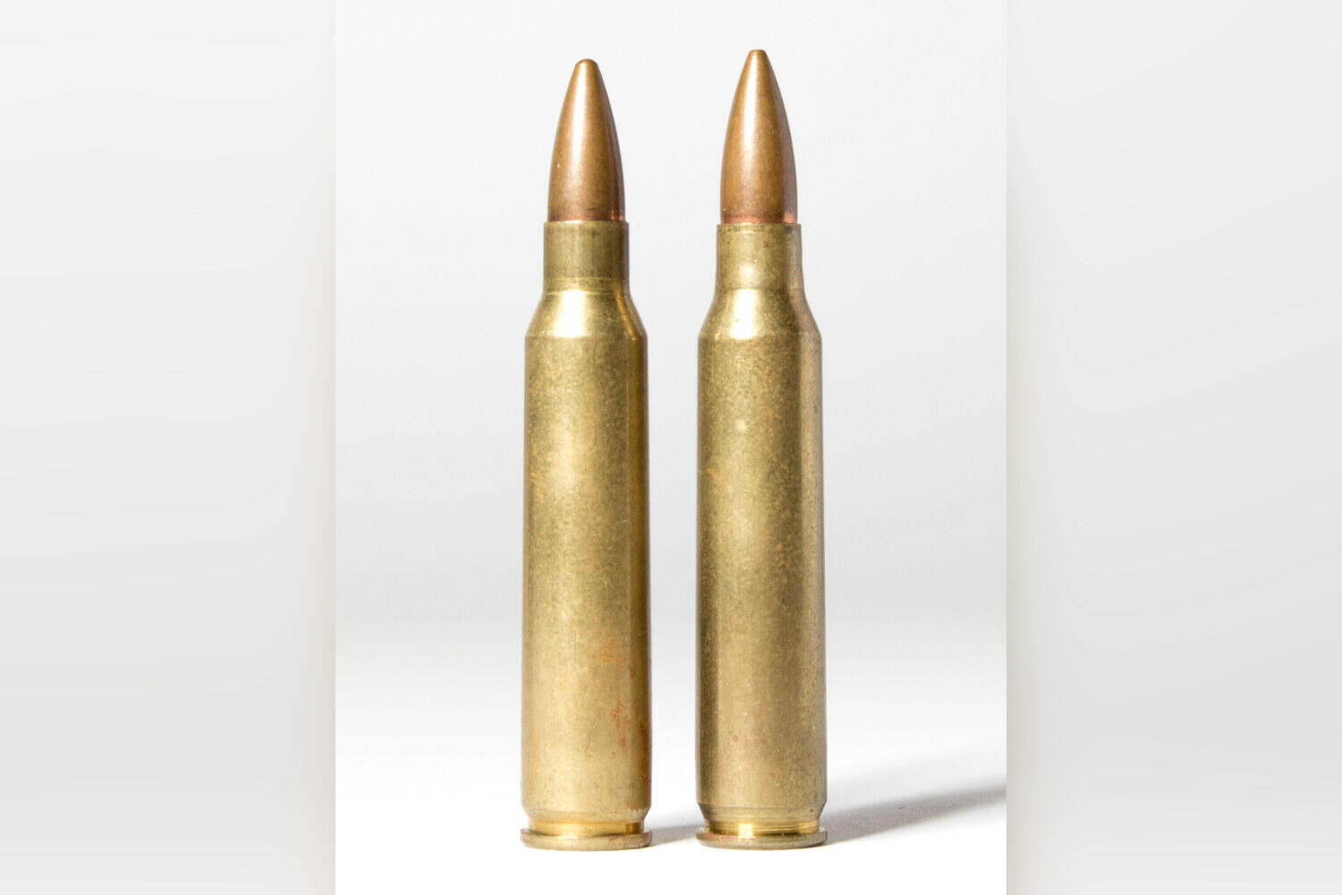 A .223 Remington and a 5.56x45mm NATO cartridge standing side by side, the pair behind the SAAMI chamber warning