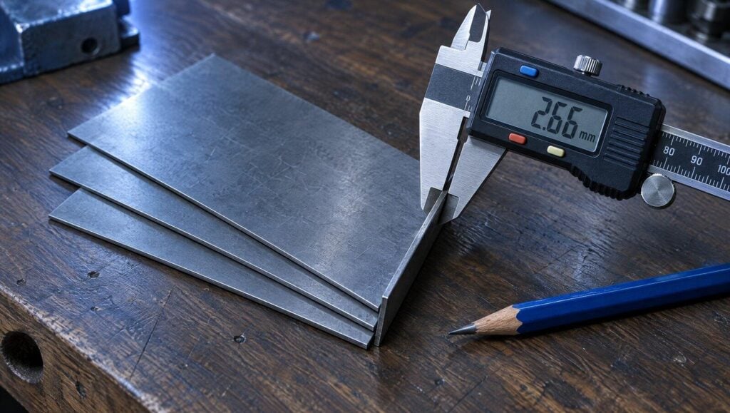 Three thin sheet steel coupons on a workbench with a digital caliper reading 2.66 millimeters