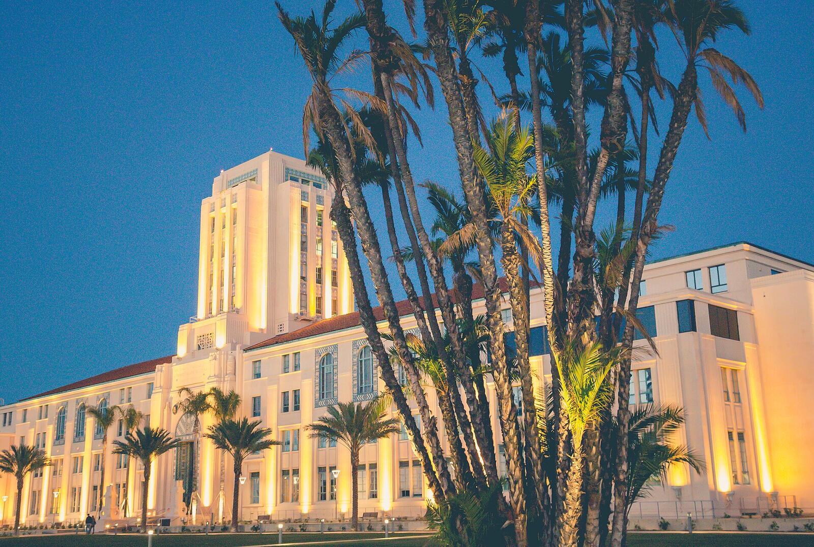 San Diego County Administration Center at dusk, seat of the county whose lawyers sued filament maker Polymaker
