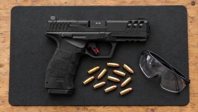 SAR USA SAR9 Full Size Gen 3 9mm pistol in black, right side with GEN3 and SAR9 on the slide and a red trigger safety blade, lying on a range mat beside 9mm cartridges and shooting glasses