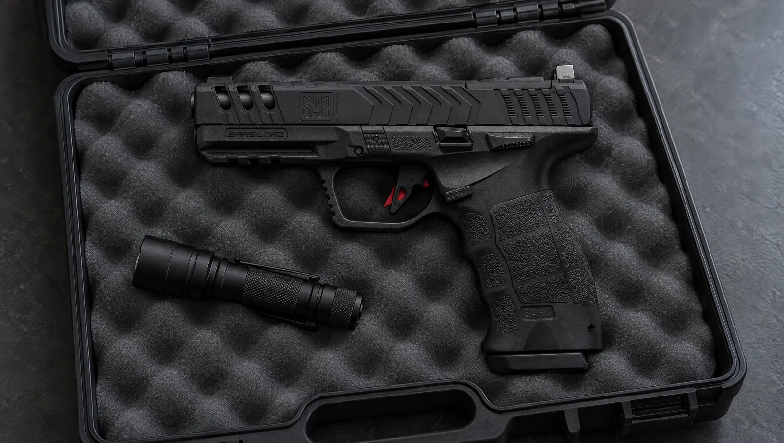 SAR9 Full Size Gen 3 pistol, left side showing the SAR logo on the slide, SARSILMAZ on the frame, the slide stop and the manual safety, lying in a foam-lined pistol case beside a flashlight