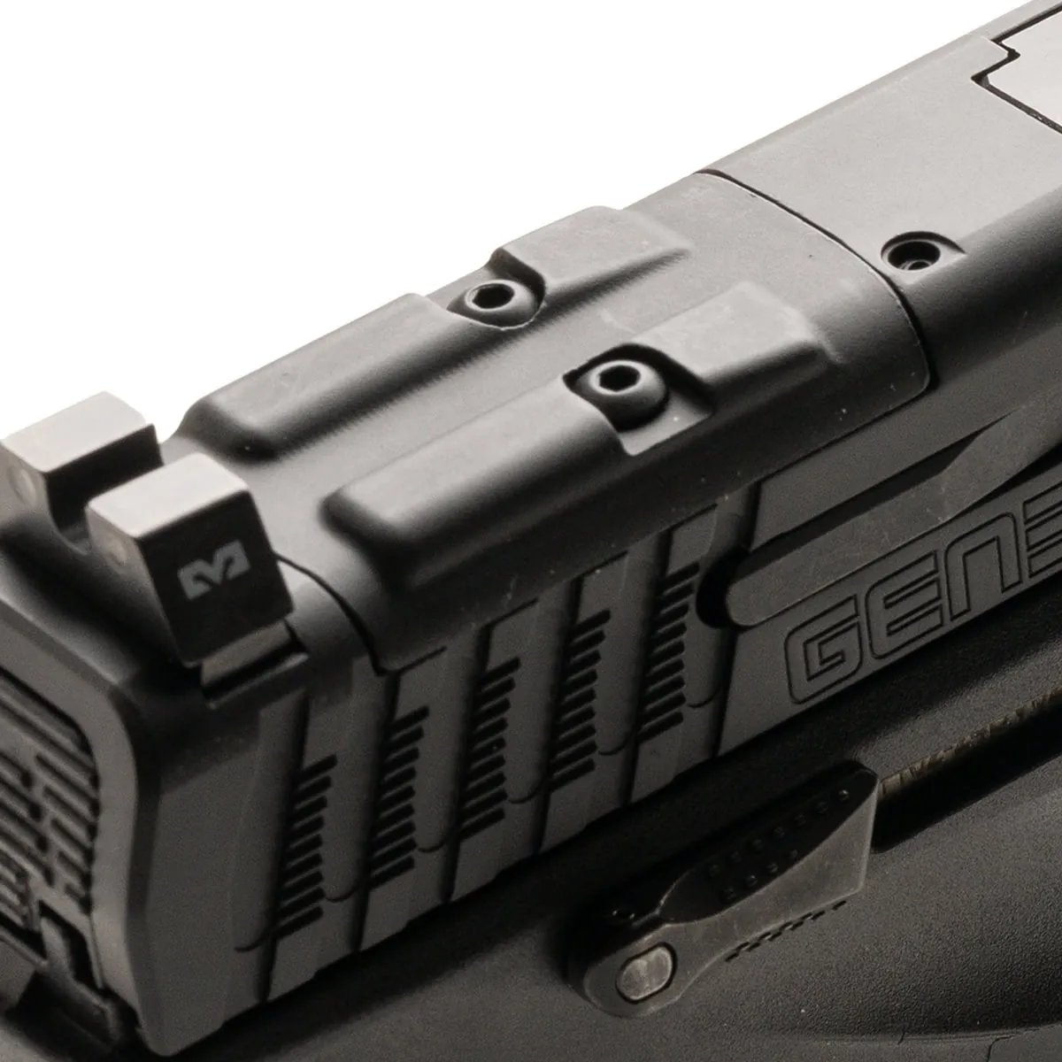 Close-up of the SAR9 Gen 3 slide with the optics cover plate, rear tritium night sight and GEN3 marking, Sarsilmaz photo