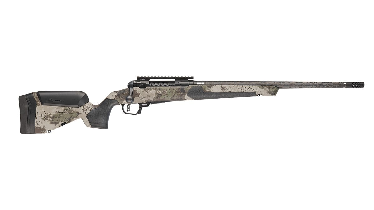 Savage 110 Ultralite Pro rifle in woodland camo with carbon fiber barrel