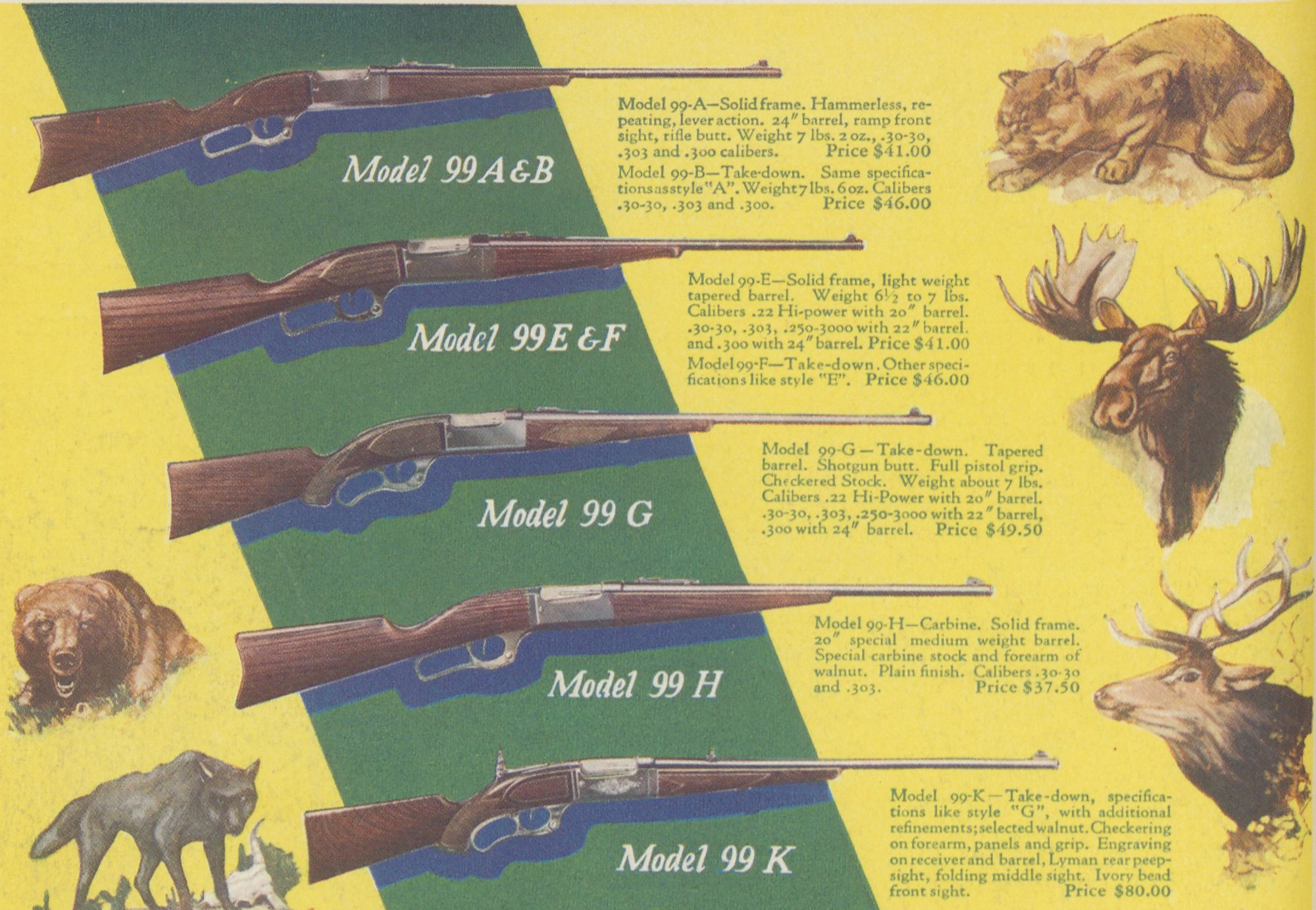 1927 Savage advertisement showing five Model 99 rifle styles with their prices