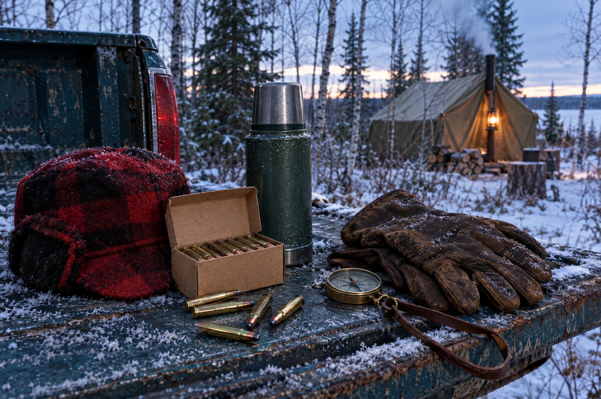 Box of rifle cartridges, a wool hunting cap, a thermos and gloves on a snowy pickup tailgate at a deer camp