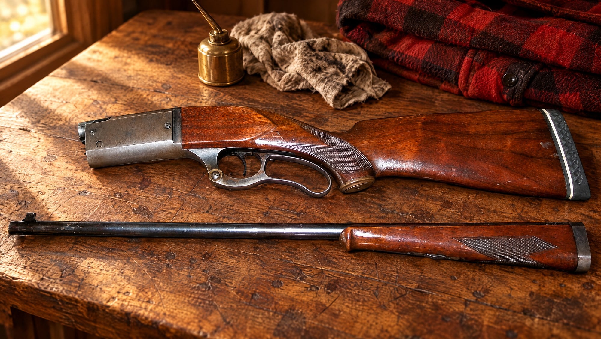 Takedown Savage Model 99 lever-action rifle in two pieces on a cabin table beside a wool hunting coat and brass oil can