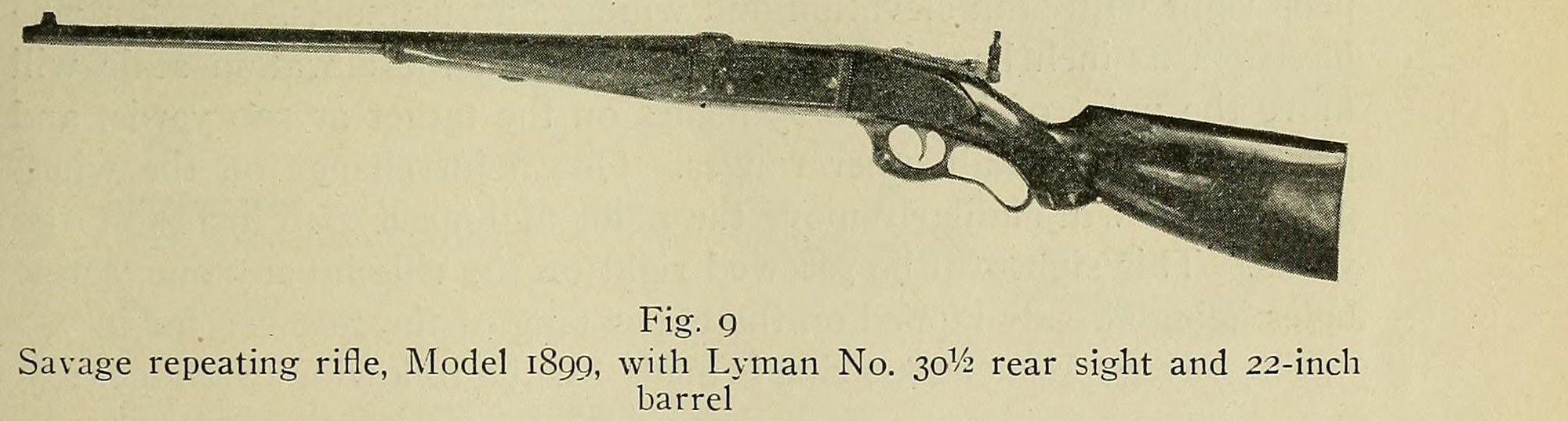 Savage Model 1899 lever-action rifle with Lyman tang sight, left side, from a 1918 rifle book