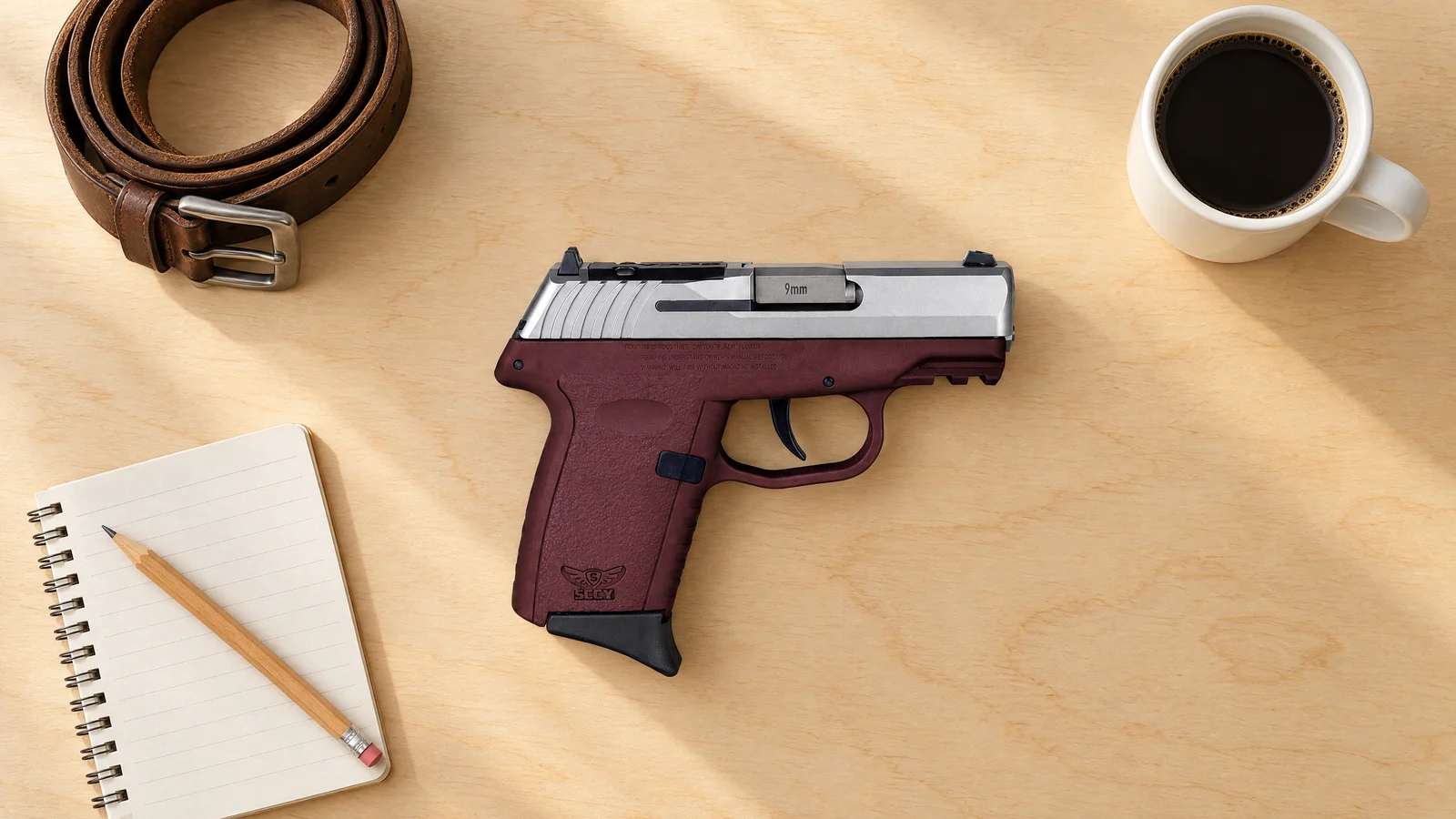 SCCY CPX-2 Gen 3 RDR with a stainless slide and burgundy frame lying flat on a birch shelf beside a leather belt, a coffee mug and a notepad