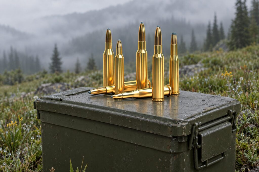 Sellier & Bellot rifle cartridges standing on an olive drab ammo can in a misty alpine meadow