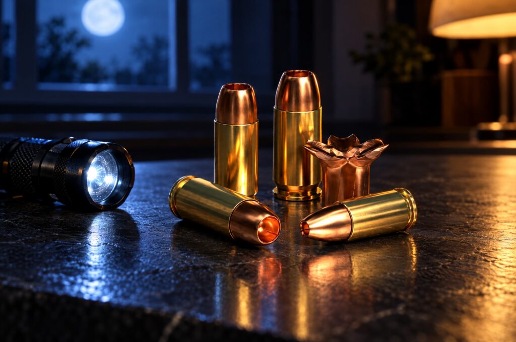 Sellier & Bellot XRG Defense solid copper hollow point cartridges and an expanded bullet on a slate counter at night