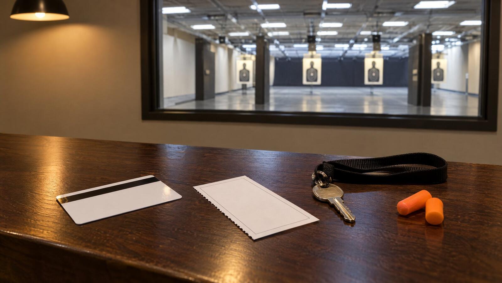 Blank range membership card, lane ticket, key and earplugs on a shooting range check-in counter