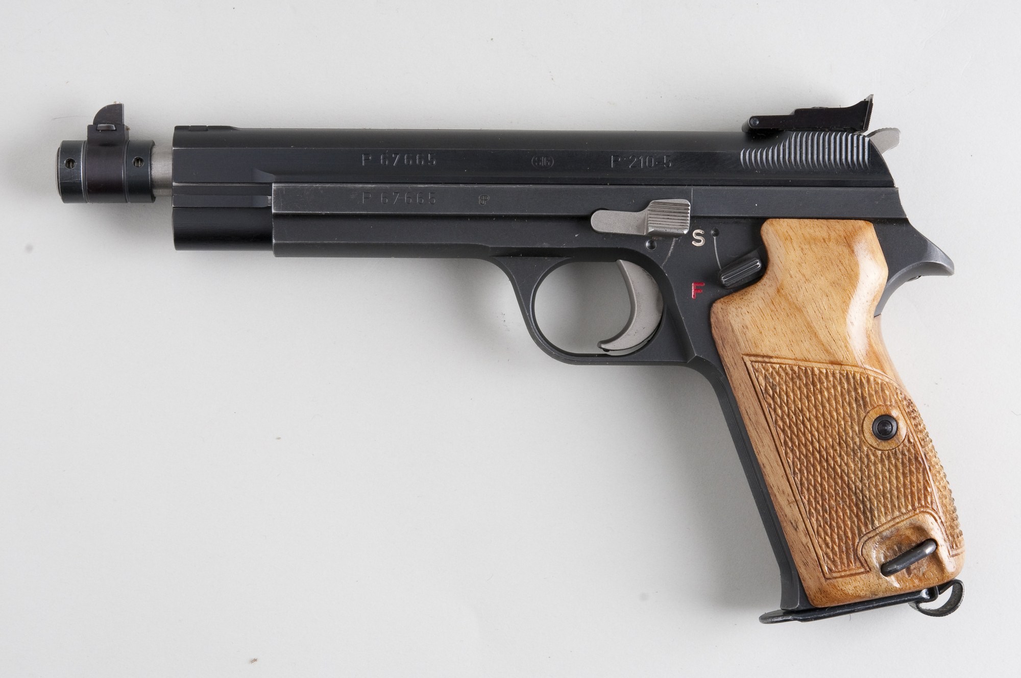 SIG P210-5 target pistol with long barrel and adjustable rear sight, left side
