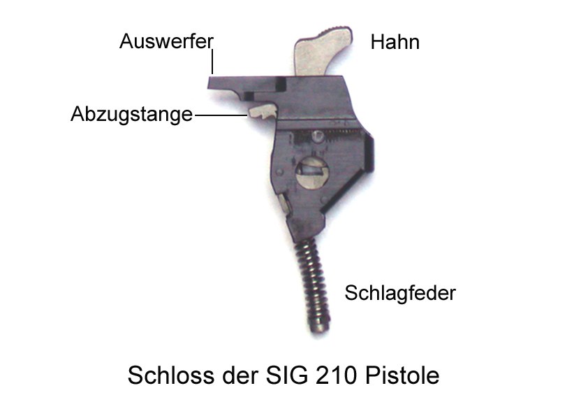 Removable hammer and sear unit of a SIG P210 pistol with its parts labeled