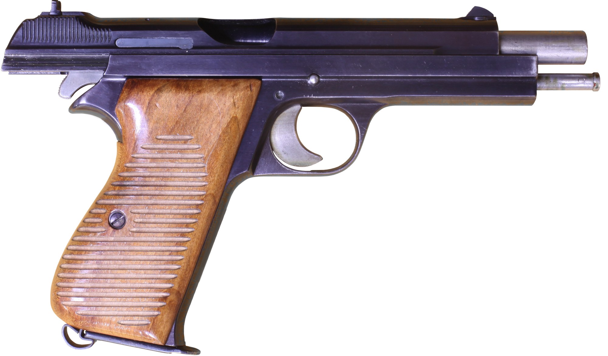 SIG P210 pistol with slide locked back, showing the slide riding inside the frame rails