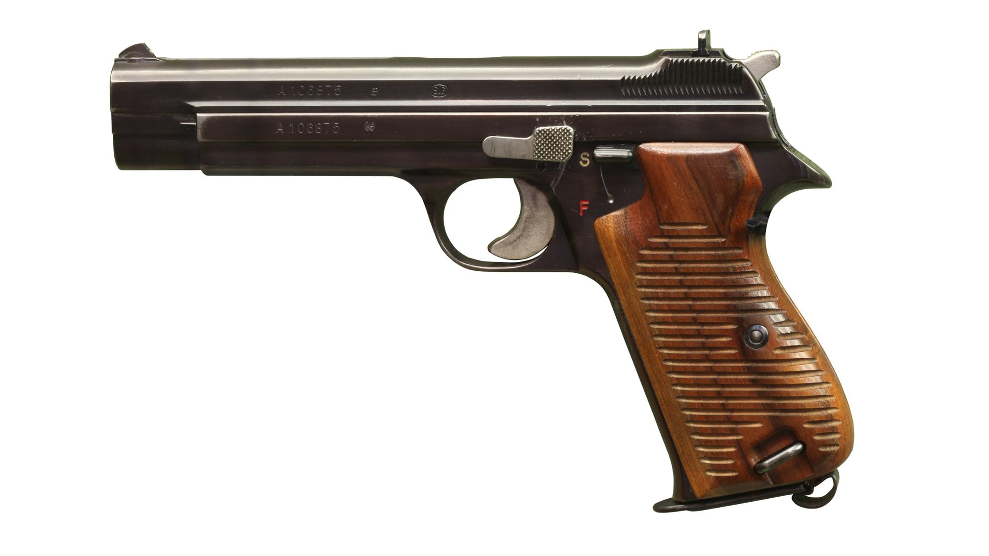 Swiss Army SIG P49 (P210) 9mm pistol, left side, with grooved wood grips, slide stop and S/F safety